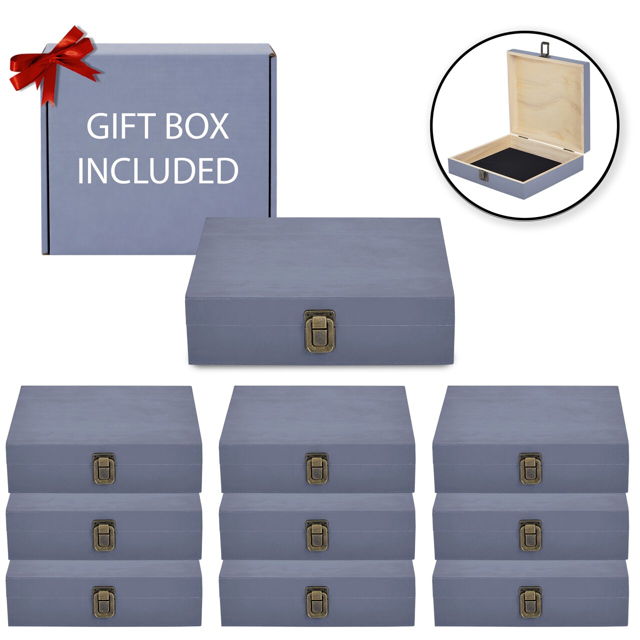 Makerflo Natural Pine Wood Cigar Box, Hinged Back & Front Clasp, Black Felt Lined, 8.5" x 8" x 2.4", Ideal for Craft - (Laser Engraving, Epoxy, UV DTF, and Vinyl)